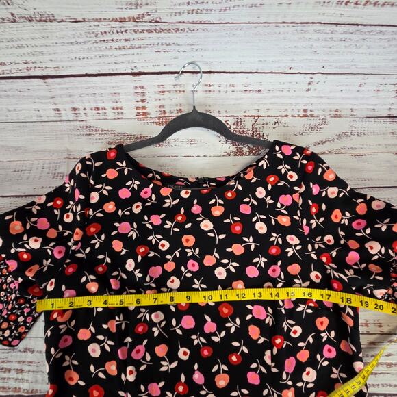 Talbots Jewel Neck Shift Dress 12P Black Pink Poppy Floral Short Sleeve Ruffle - Picture 11 of 16